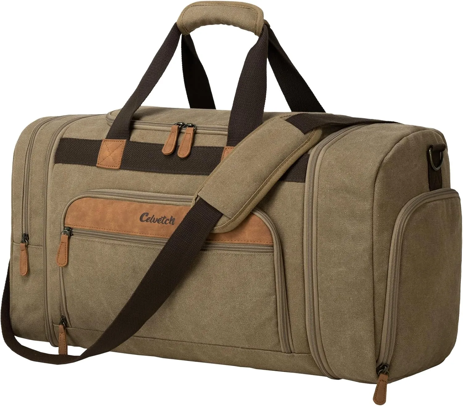 Canvas Duffle Bag for Travel 50L Expandable Travel Duffel Bags for Men Women Weekender Overnight Bag with Shoes Compartment - Brown