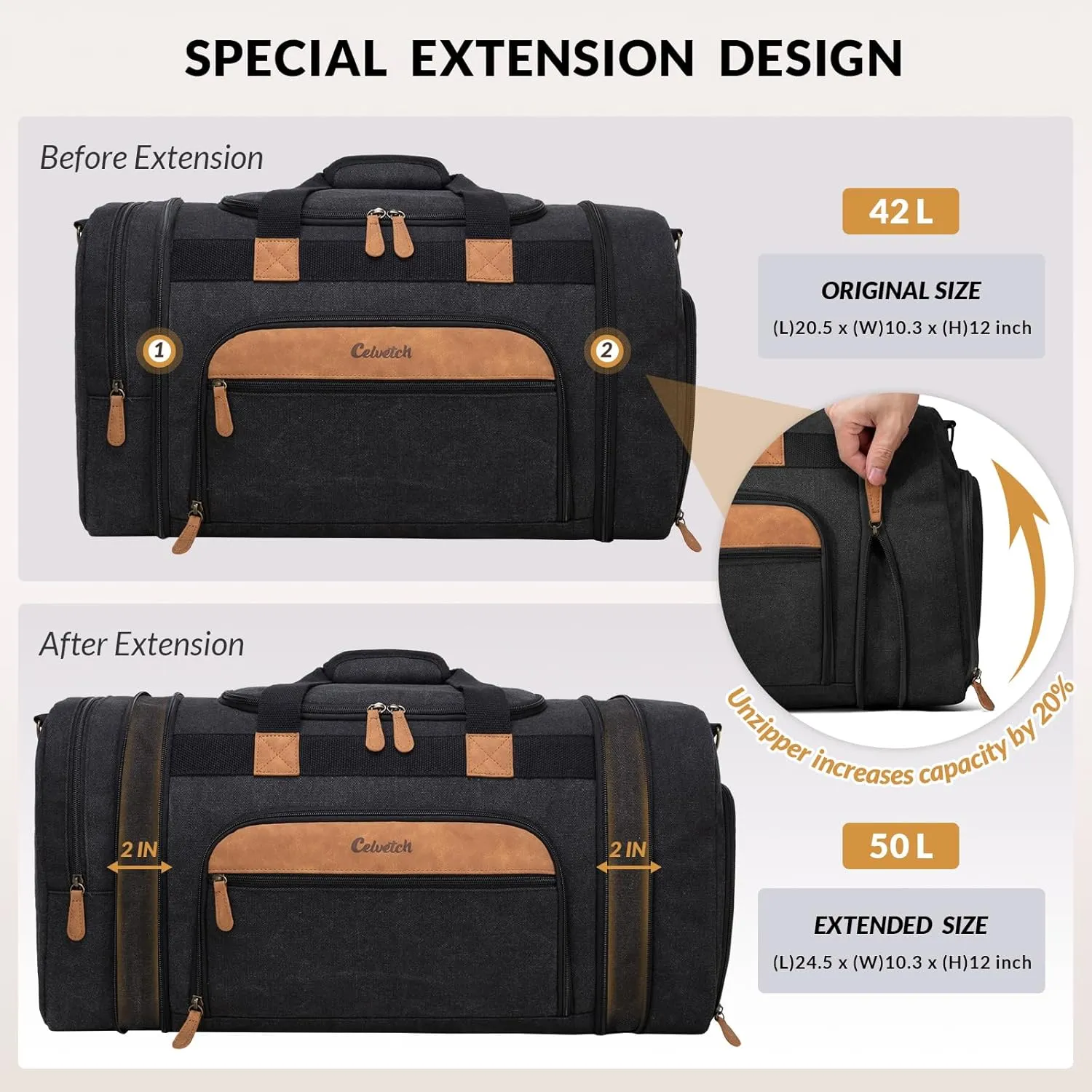 Canvas Duffle Bag for Travel 50L Expandable Travel Duffel Bags for Men Women Weekender Overnight Bag with Shoes Compartment - Dark Grey
