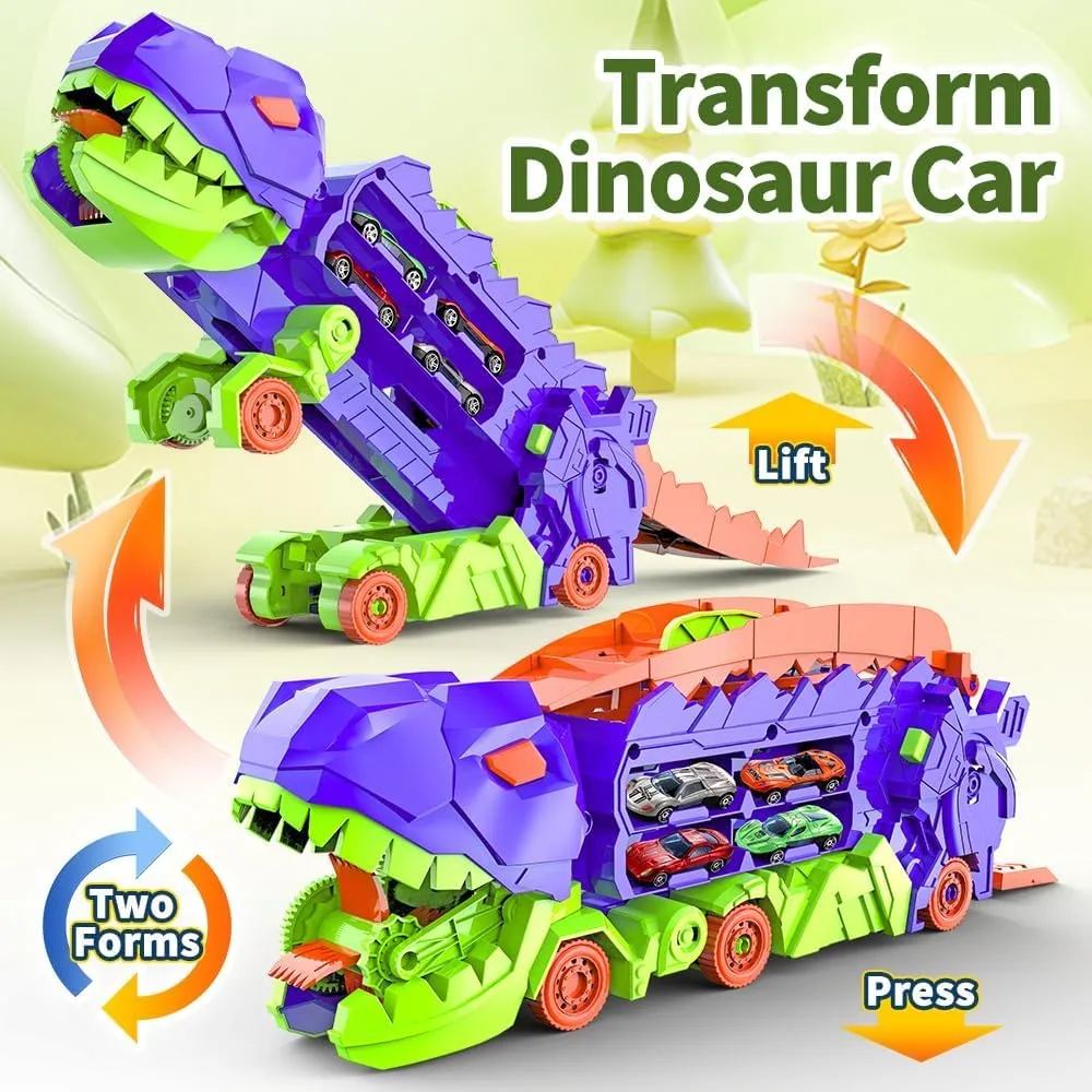 City Dinosaur Ultimate Hauler Track Toy, Transforms into Stomping Dinosaur with Race Track Ultimate Transporter Hauler Toddler Toys Gifts for Kids Ages 3 4 5 6 Years Old(4 Cars), Purple
