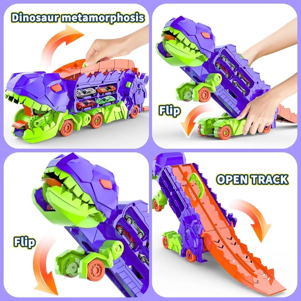 City Dinosaur Ultimate Hauler Track Toy, Transforms into Stomping Dinosaur with Race Track Ultimate Transporter Hauler Toddler Toys Gifts for Kids Ages 3 4 5 6 Years Old(4 Cars), Purple