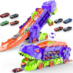 City Dinosaur Ultimate Hauler Track Toy, Transforms into Stomping Dinosaur with Race Track Ultimate Transporter Hauler Toddler Toys Gifts for Kids Ages 3 4 5 6 Years Old(4 Cars), Purple