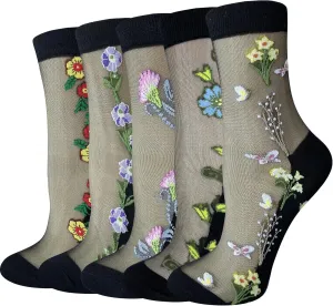 Cityelf 5 Pack Women Sheer Socks Summer Ruffle Thin Cool Footwear See Through Silky Lace Ankle Cute Stocking