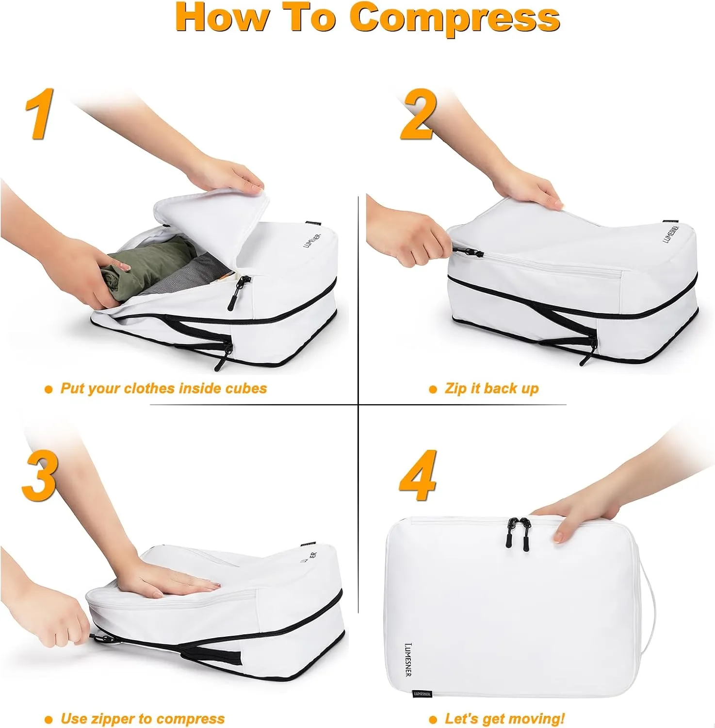 Compression Packing Cubes, Lumesner 8 Set Travel Packing Cubes for Carry on Suitcases, Compression Suitcase Organizers Bag Set & Travel Cubes(8-piece, White)
