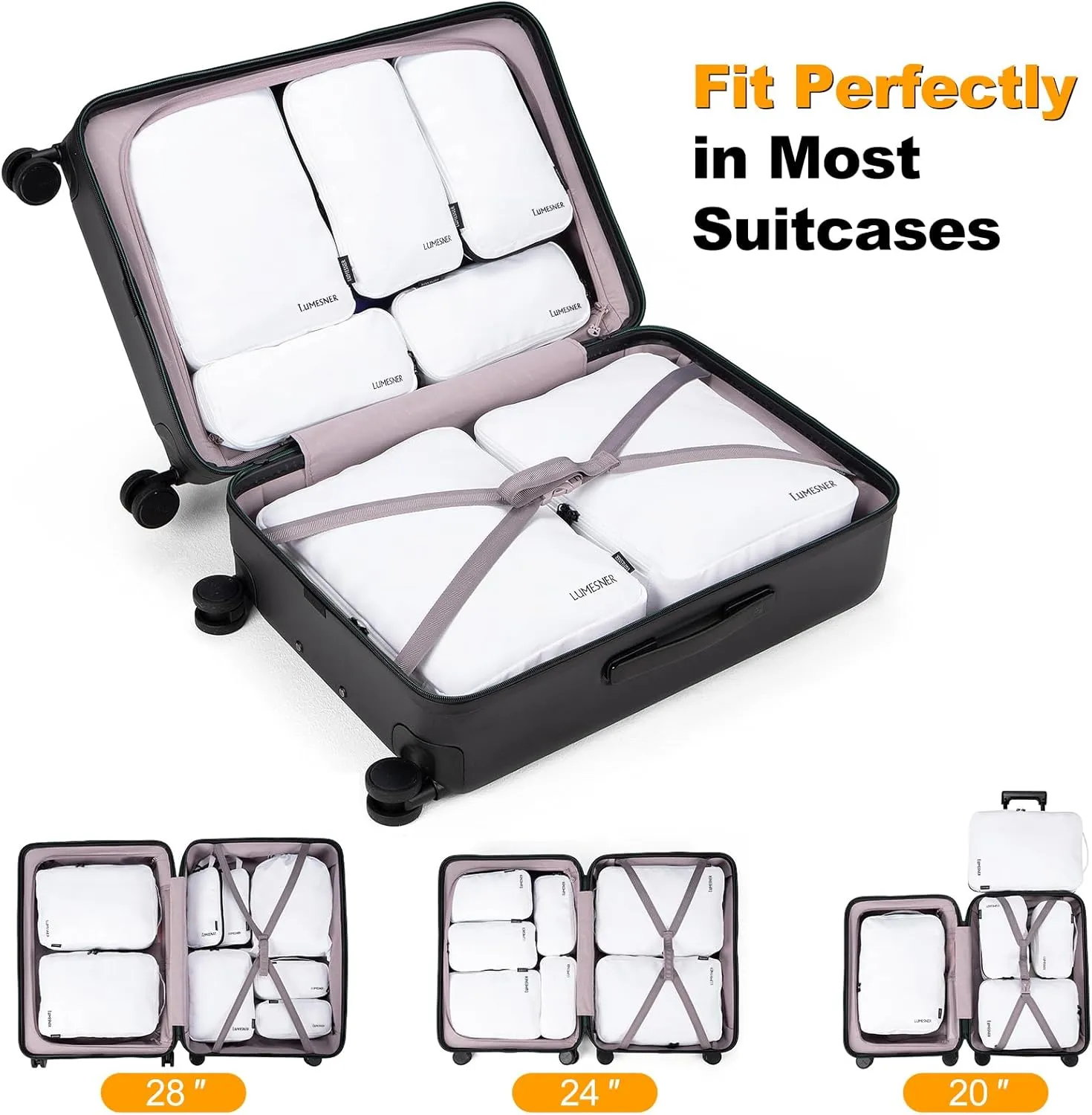 Compression Packing Cubes, Lumesner 8 Set Travel Packing Cubes for Carry on Suitcases, Compression Suitcase Organizers Bag Set & Travel Cubes(8-piece, White)