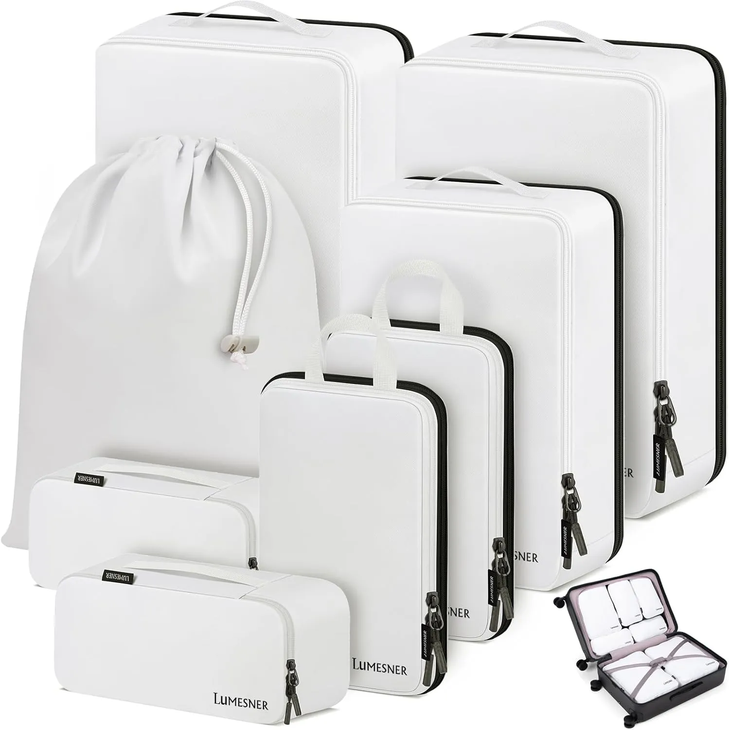 Compression Packing Cubes, Lumesner 8 Set Travel Packing Cubes for Carry on Suitcases, Compression Suitcase Organizers Bag Set & Travel Cubes(8-piece, White)