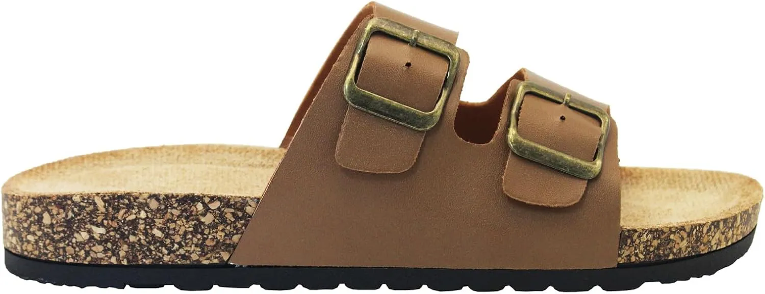Cork Footbed Flat Slide Sandals for Women, Ladies Leather Slippers, Adjustable Buckle Memory Foam Beach Essentials Fashion Sandals Vacation Shoes Stylish Casual Footwear