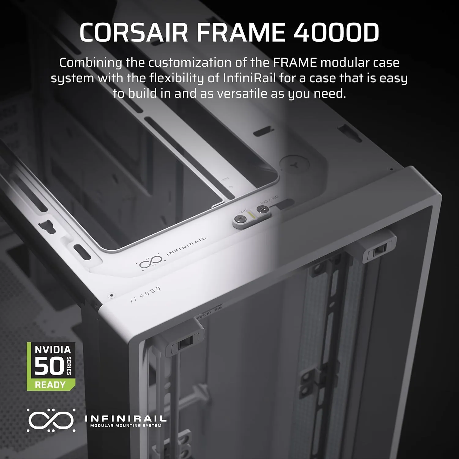 CORSAIR 4000D Frame Modular Mid-Tower ATX PC Case – High Airflow, InfiniRail Fan Mounting System, Dual 360mm Radiator Support, ASUS BTF, MSI Project Zero, Gigabyte Project Stealth – White