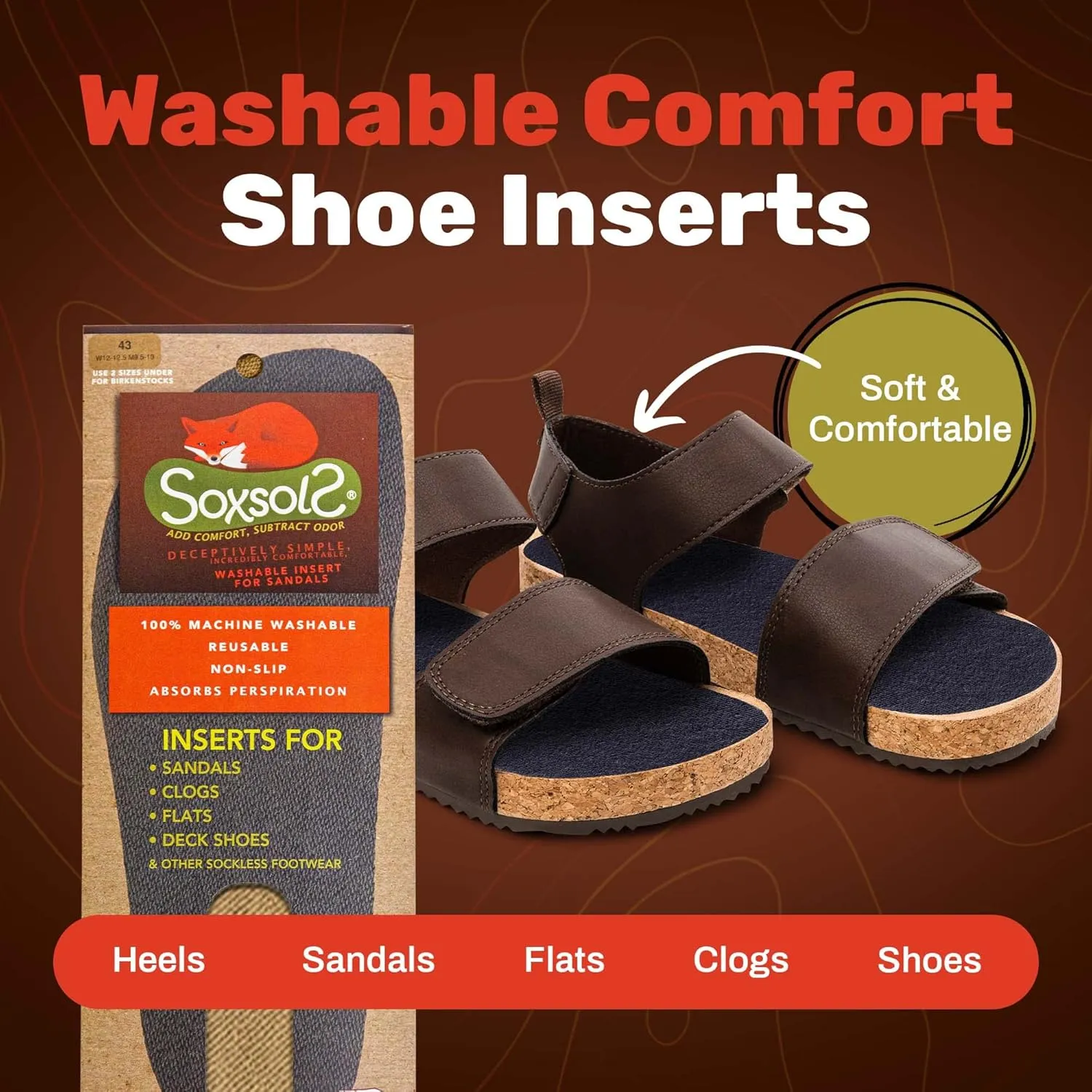 Cotton Flat Shoe Insert for Sandals & Sockless Shoes, Comfortable Shoe Insoles with Sweat-Absorbent Natural Fiber & Non-Slip Silicone Grip, Narrow-Cut Shoe Inserts for Women, Brown, Size 41 - SoxsolS