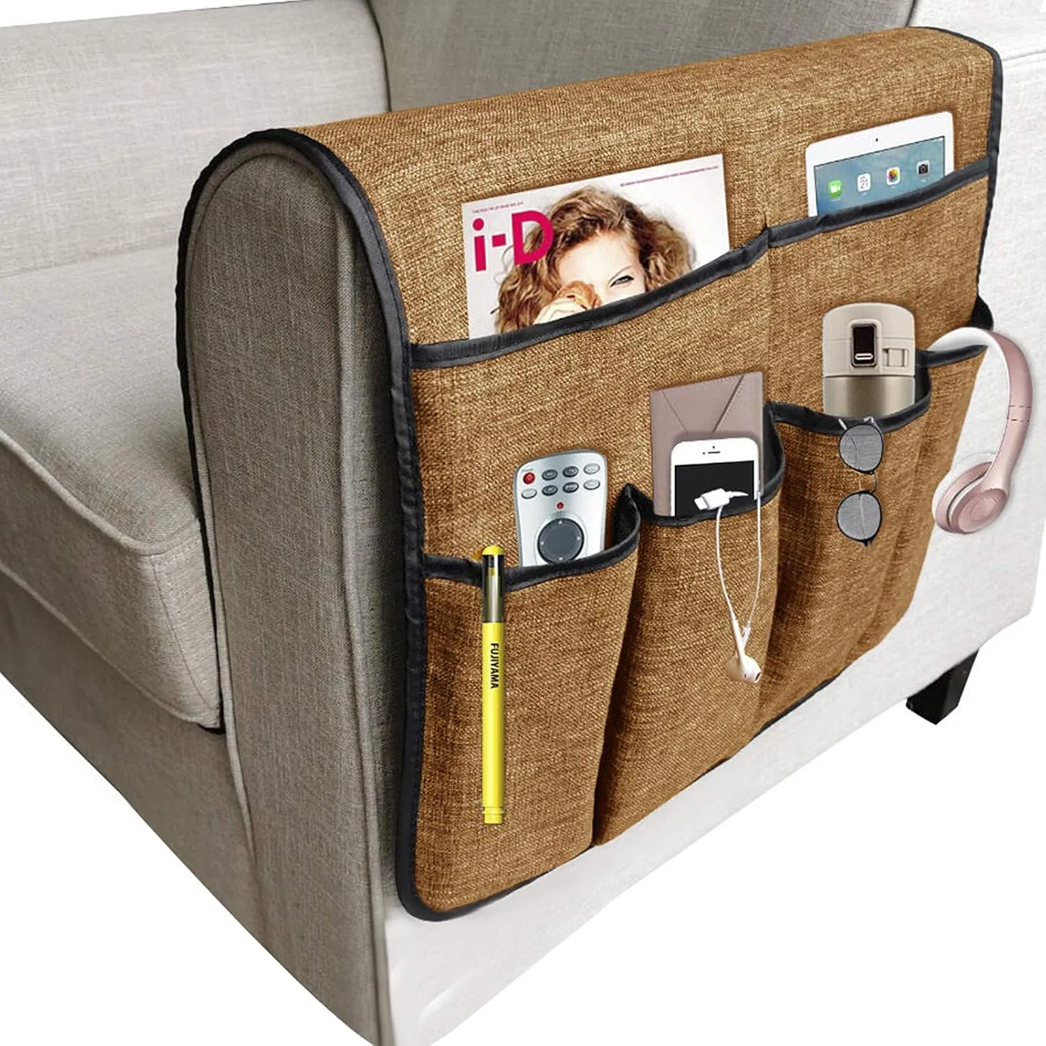 Couch Sofa Armrest Organiser Arm Chair Caddy Bedside Storage Pocket with 6 Pockets TV Remote Holder Bed Storage Pocket Bag for Cellphone Tablet Notepad Book Magazines DVD Glasses