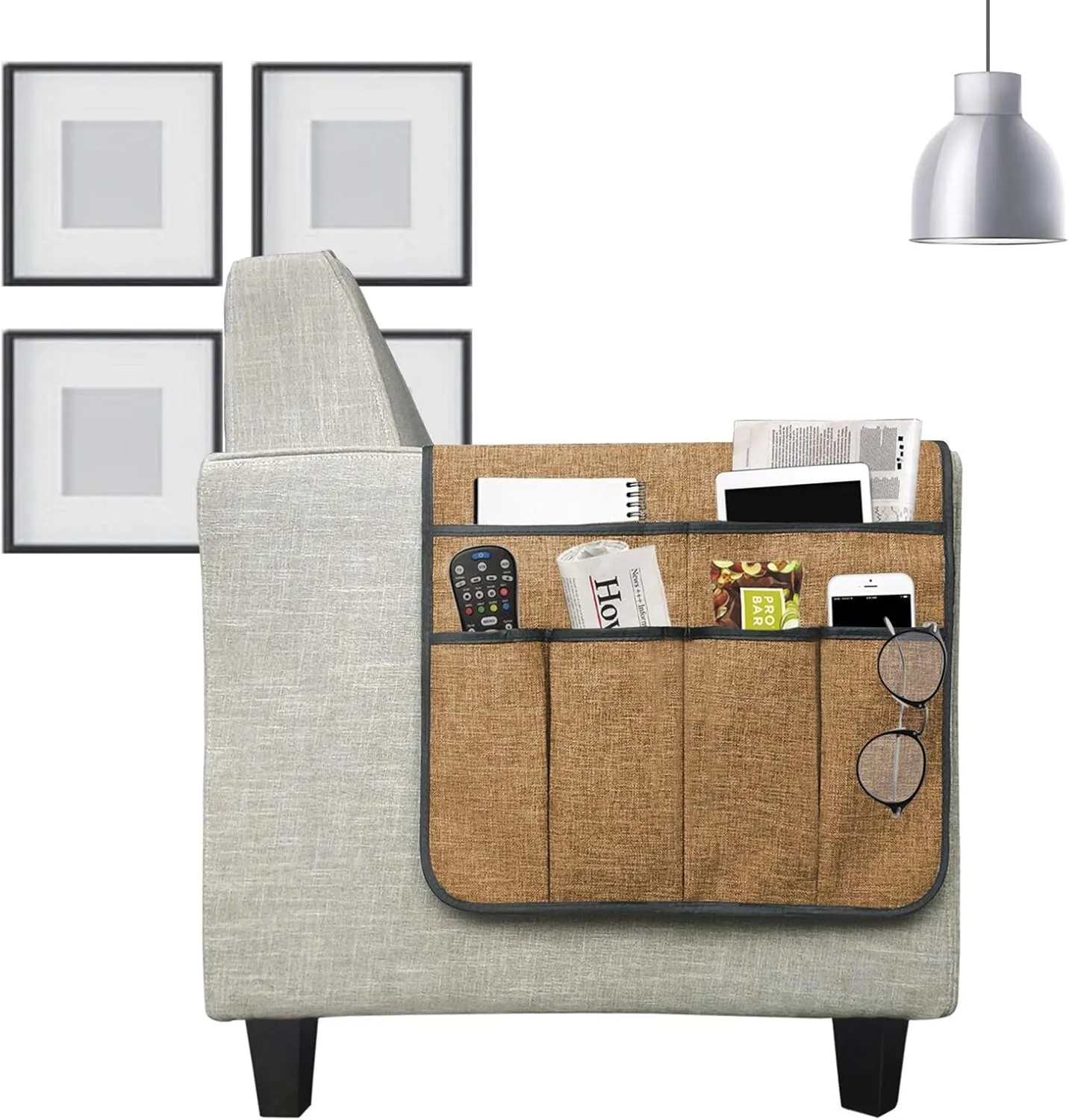 Couch Sofa Armrest Organiser Arm Chair Caddy Bedside Storage Pocket with 6 Pockets TV Remote Holder Bed Storage Pocket Bag for Cellphone Tablet Notepad Book Magazines DVD Glasses