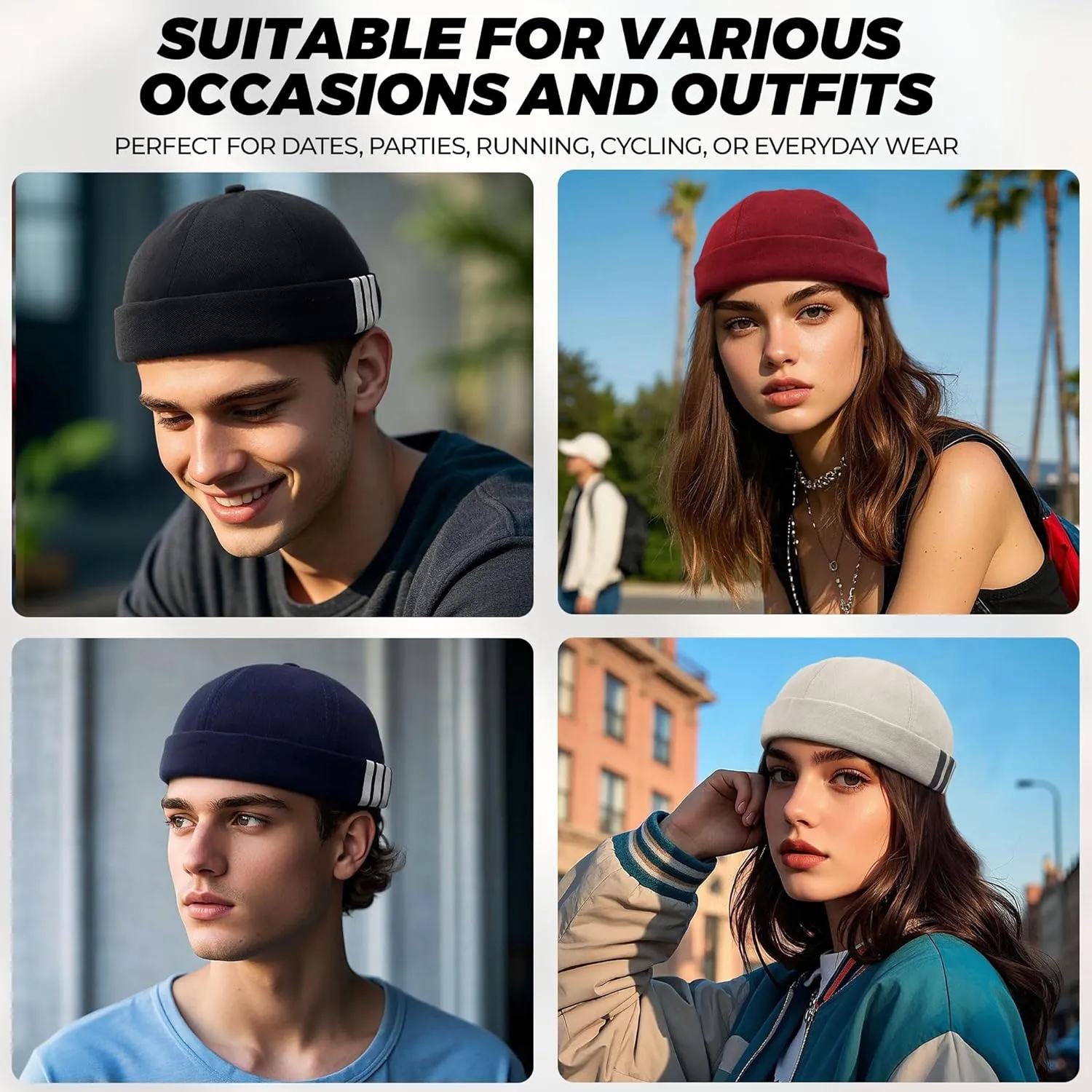 Croogo Mens Brimless Hat Rolled Cuff Harbour Hat Retro Strapback Docker Cap Casual Sailor Cap Unisex Docker Leon Beanie Hat