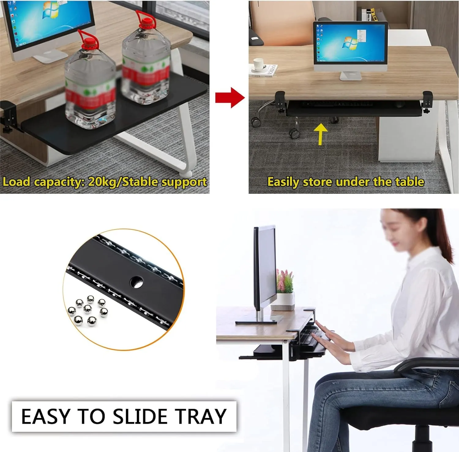 Desk Extension and Sliding Keyboard Tray with Slides, Easy to Remove, Black Under Desk Keyboard Tray, Height Adjustable, Ergonomic, Elbow Arm Support, 52/65/75x