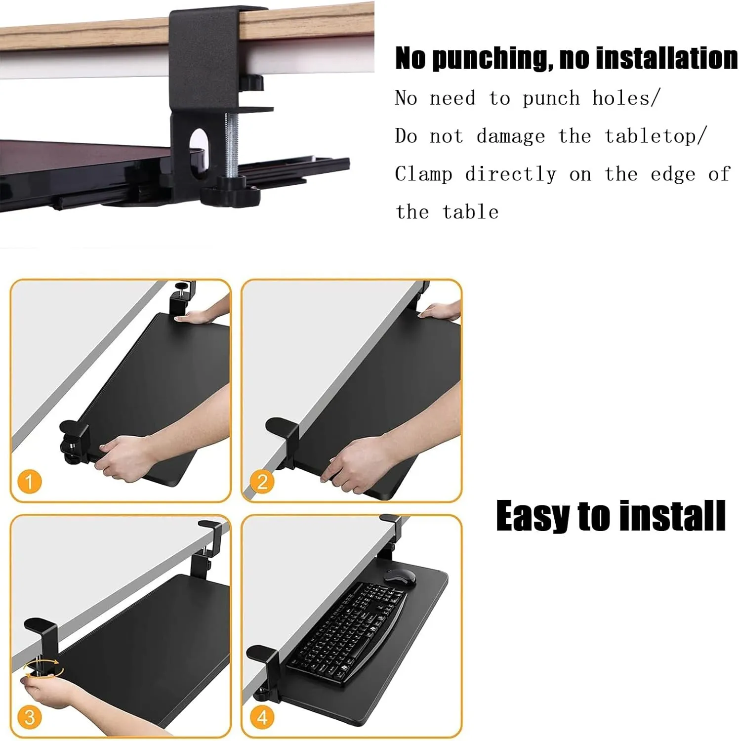 Desk Extension and Sliding Keyboard Tray with Slides, Easy to Remove, Black Under Desk Keyboard Tray, Height Adjustable, Ergonomic, Elbow Arm Support, 52/65/75x