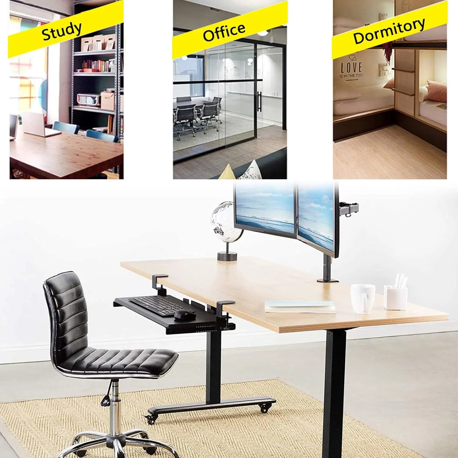 Desk Extension and Sliding Keyboard Tray with Slides, Easy to Remove, Black Under Desk Keyboard Tray, Height Adjustable, Ergonomic, Elbow Arm Support, 52/65/75x