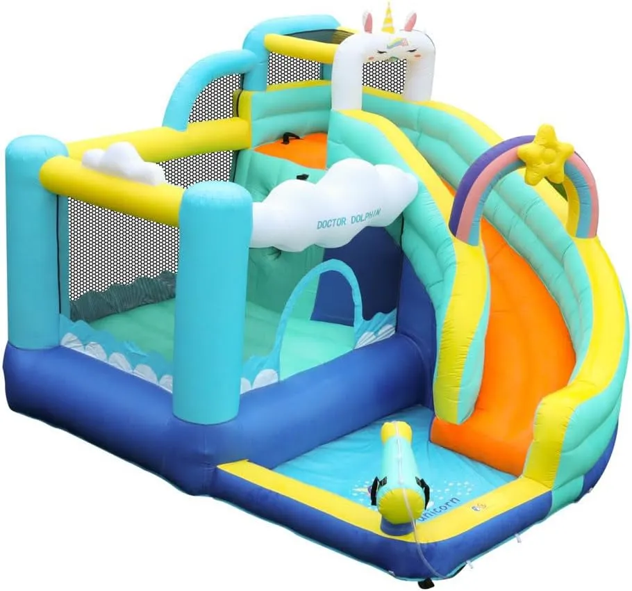 Doctor Dolphin Bounce House, Unicorn Water Slide Bounce House, Water Slides for Kids Backyard, Inflatable Water Park for Kids, Water Bounce House with Slide, Splash Pool, Basketball Hoop