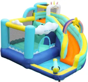 Doctor Dolphin Bounce House, Unicorn Water Slide Bounce House, Water Slides for Kids Backyard, Inflatable Water Park for Kids, Water Bounce House with Slide, Splash Pool, Basketball Hoop