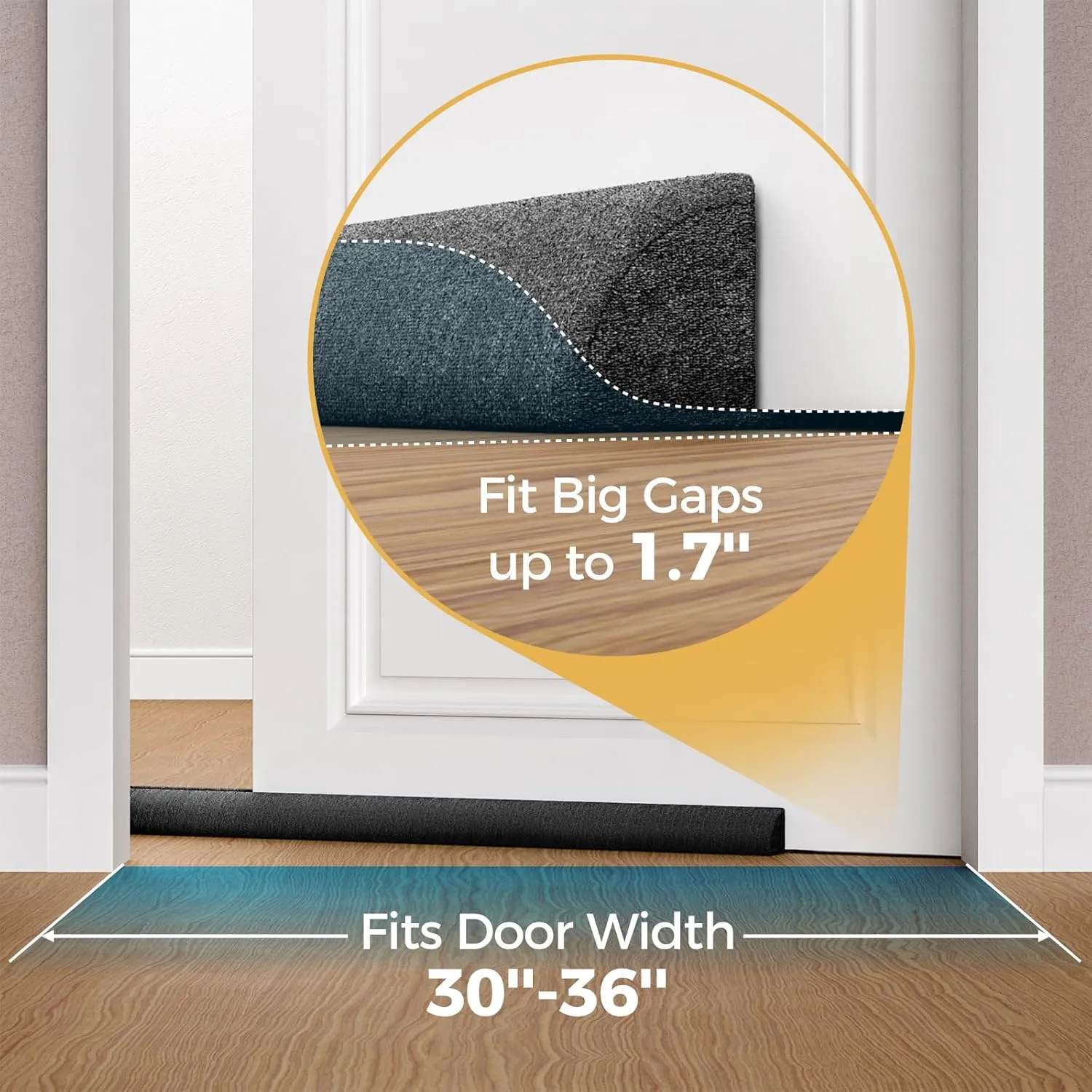 Door Draft Stopper 36 Inch, Under Door Gap Filler Bottom, Adjustable 30'' to 36'' Noise Blocker Soundproof Seal Gap up to 1.7'' Door Sweep, Machine Washable,Black