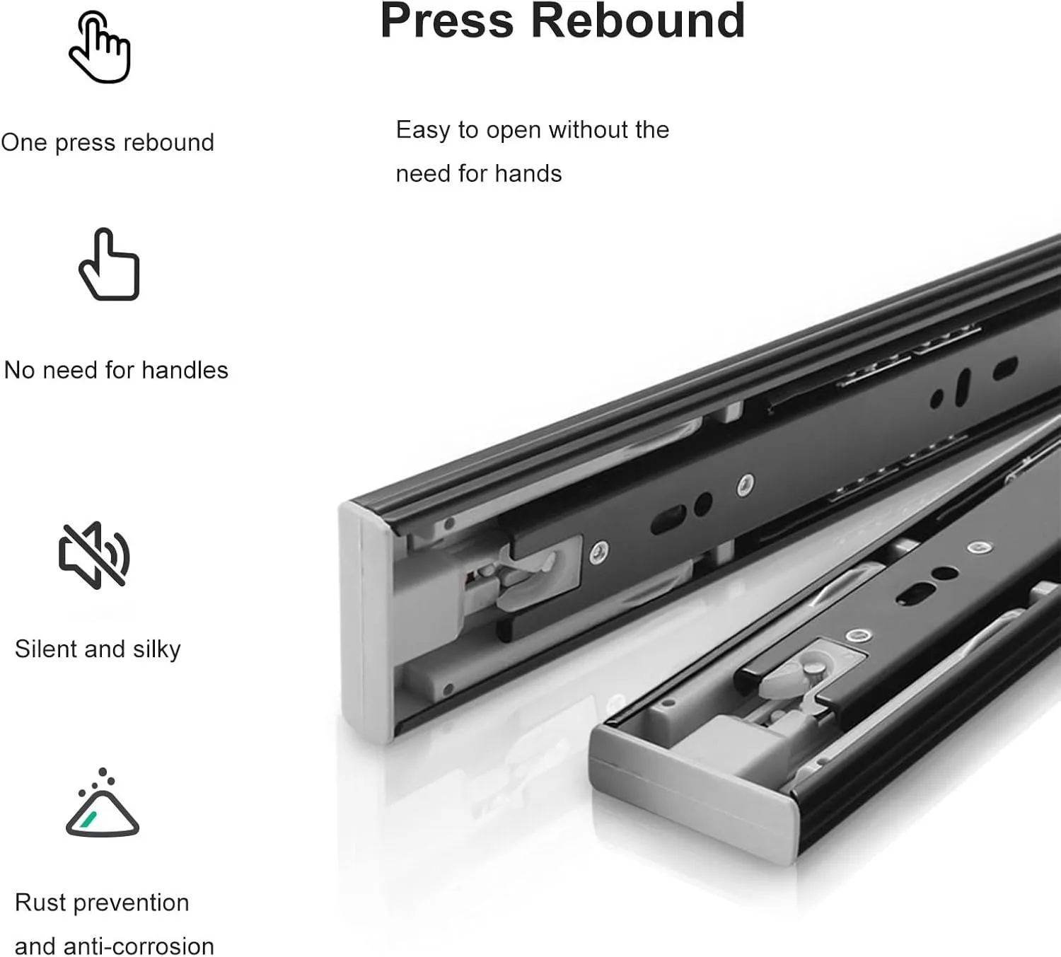 Drawer Slides, 1 Pair Push to Open Drawer Slides 6 8 10 12 14 16 18 20 Inch 100 lb Load Capacity Side Mount Handleless Ball Bearing Full Extension Touch Rails Cabinet Runner Black (Size : 15cm/6Inch