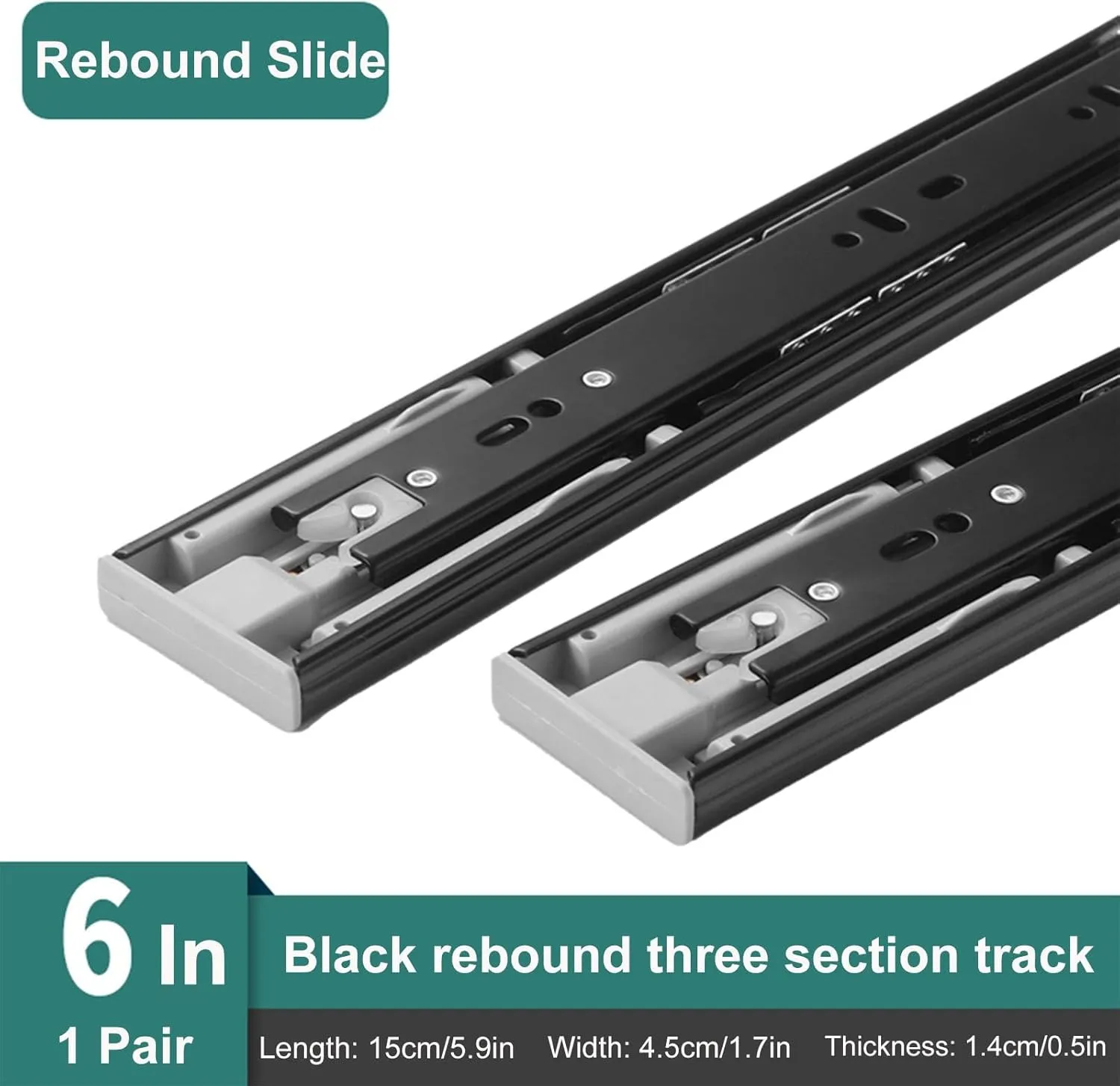 Drawer Slides, 1 Pair Push to Open Drawer Slides 6 8 10 12 14 16 18 20 Inch 100 lb Load Capacity Side Mount Handleless Ball Bearing Full Extension Touch Rails Cabinet Runner Black (Size : 15cm/6Inch