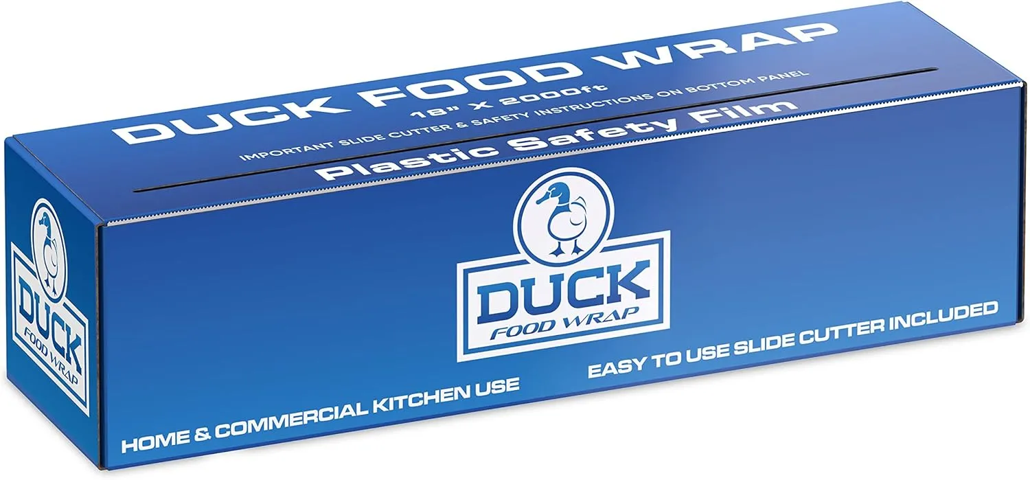 Duck Food Safety Film, 18 inch x 2000ft Plastic Wrap, Commercial Grade, Great for Sealing and Storage, Used for Food Service Industry, Easy to Use Slide Cutter for Clean Cut (1 Box)