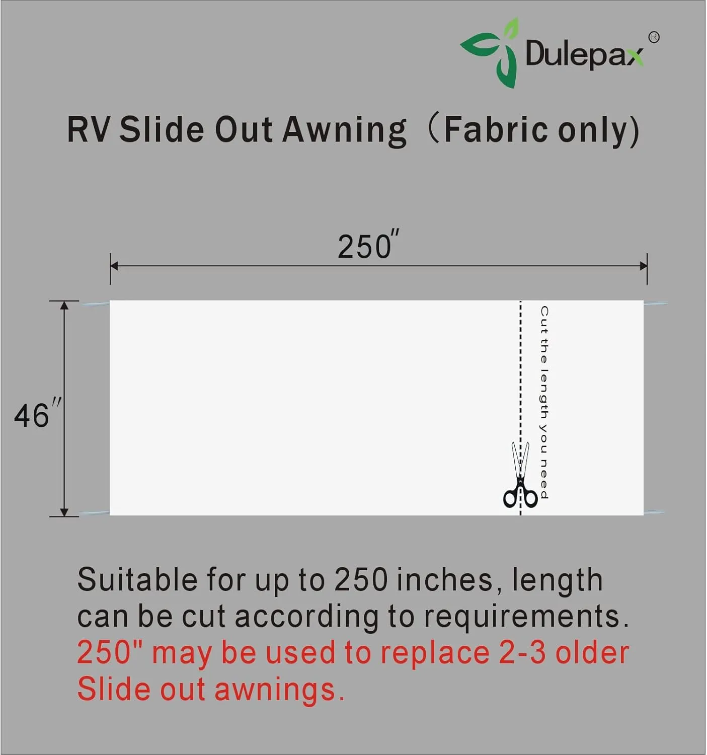 Dulepax-RV Slide Out Awning Fabric Replacement-(46" x 250", White- Fabric only)-Universal Slide-Topper Replacement for 5th Wheel RVs, Travel Trailers and Motorhomes