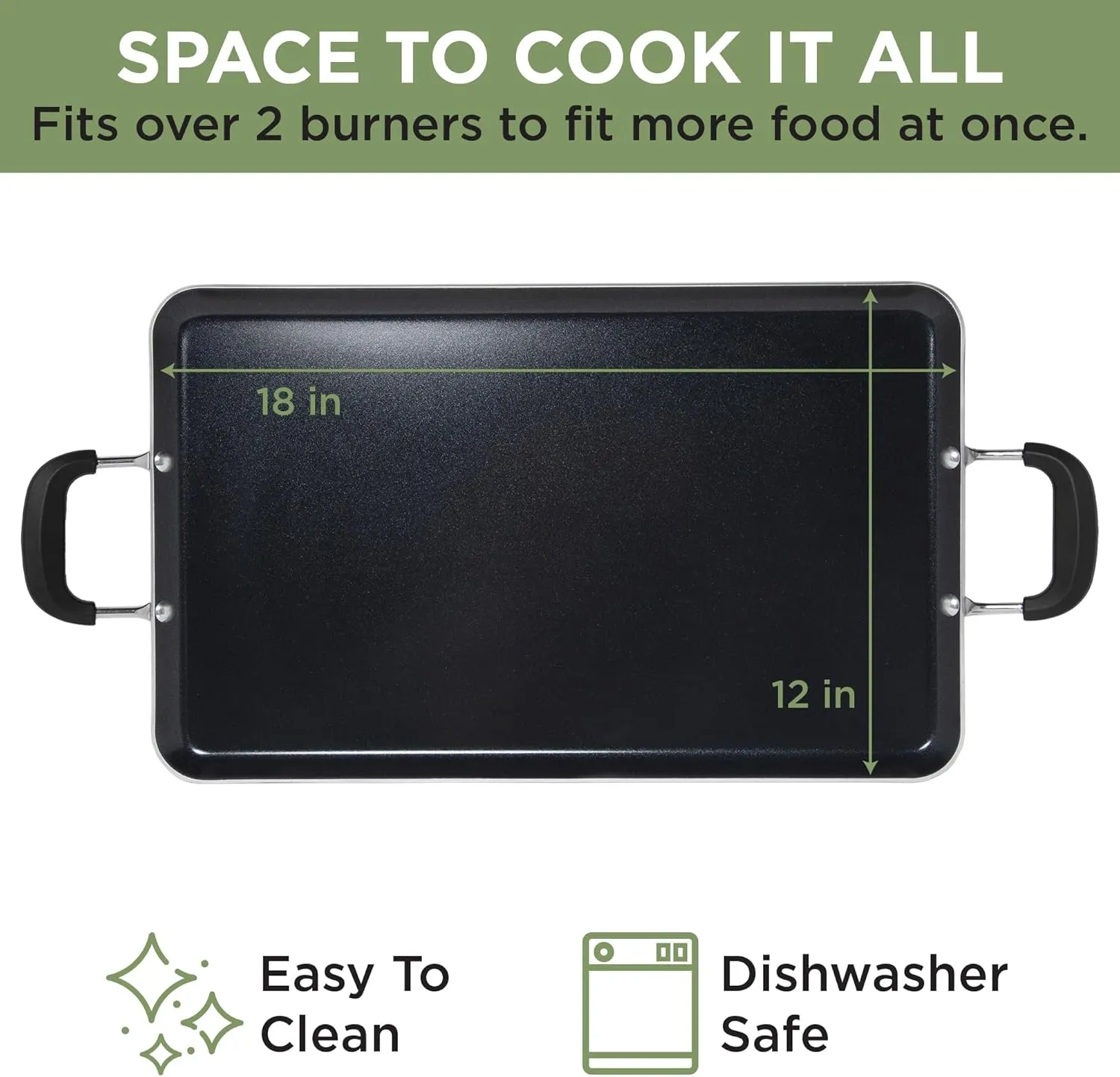 Ecolution Artistry Nonstick Double Burner Griddle, Easy To Clean, Cool Touch Silicone Handle, Dishwasher Safe Pots and Pans, 12-Inch x 18-Inch, Black