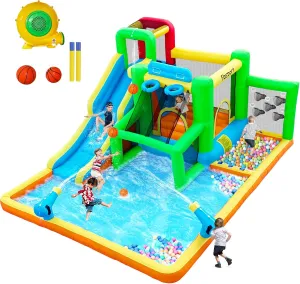 FBSPORT Inflatable Bounce House Water Slide, Bounce House for Kids Indoor Outdoor Bouncy House with 550W Blower, Water Bounce House with Slide Ball Shooting, Water Gun, Splash Pool, Bounce Area, Hose