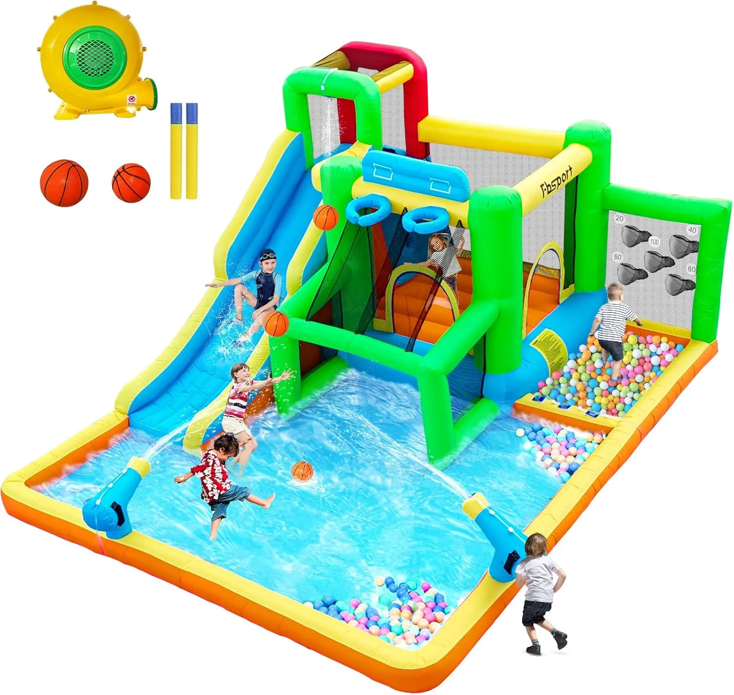 FBSPORT Inflatable Bounce House Water Slide, Bounce House for Kids Indoor Outdoor Bouncy House with 550W Blower, Water Bounce House with Slide Ball Shooting, Water Gun, Splash Pool, Bounce Area, Hose