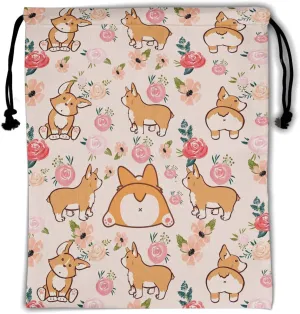 Floral Corgi Drawstring Grip Bags - Pink Flowers Dogs Grip Bag Cartoon Nature Corgis Cartoon Animals Drawstring Storage Bags Gym Pouch Shoe Bags Adjustable Waterproof Polyester Towel Bag