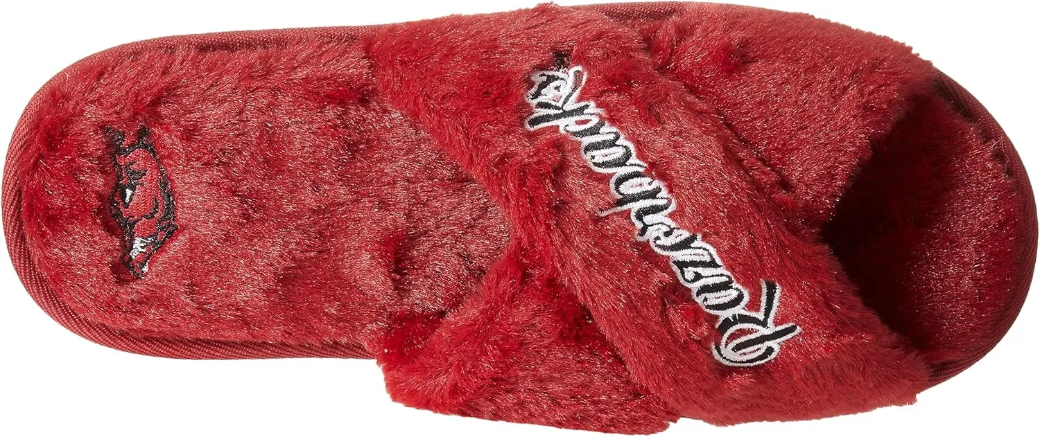FOCO Womens NCAA College Team Script Wordmark Fuzzy Cross Slide Slippers