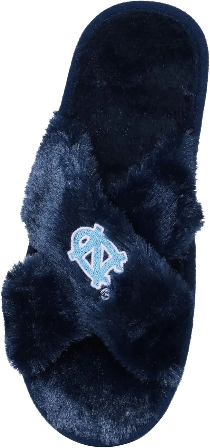 FOCO Womens NCAA College Team Script Wordmark Fuzzy Cross Slide Slippers