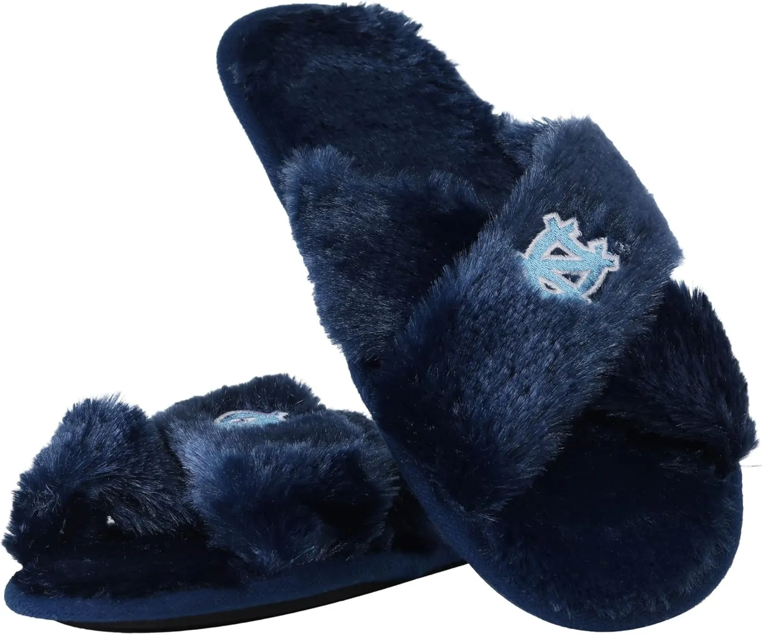 FOCO Womens NCAA College Team Script Wordmark Fuzzy Cross Slide Slippers