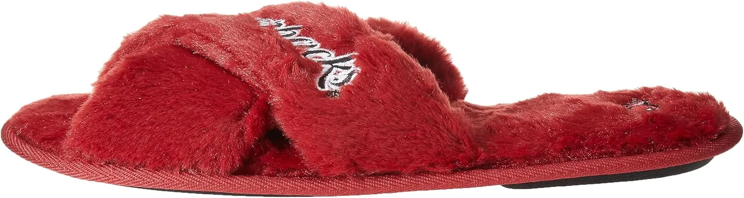 FOCO Womens NCAA College Team Script Wordmark Fuzzy Cross Slide Slippers