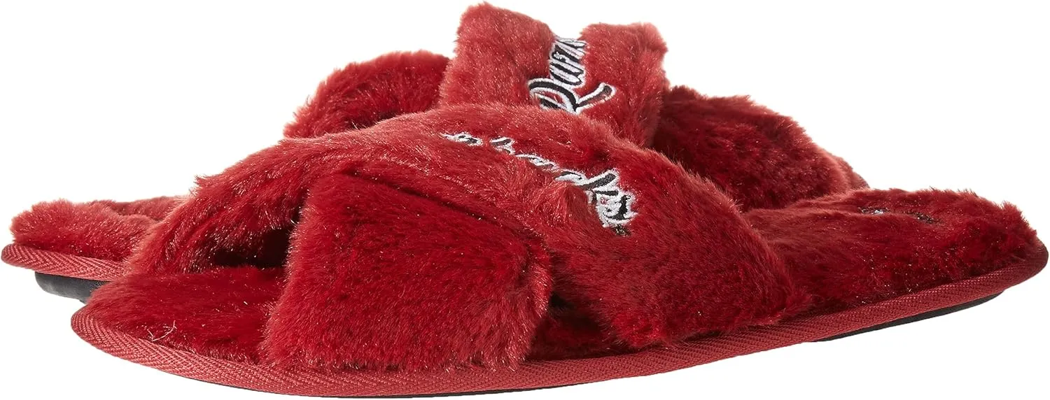 FOCO Womens NCAA College Team Script Wordmark Fuzzy Cross Slide Slippers