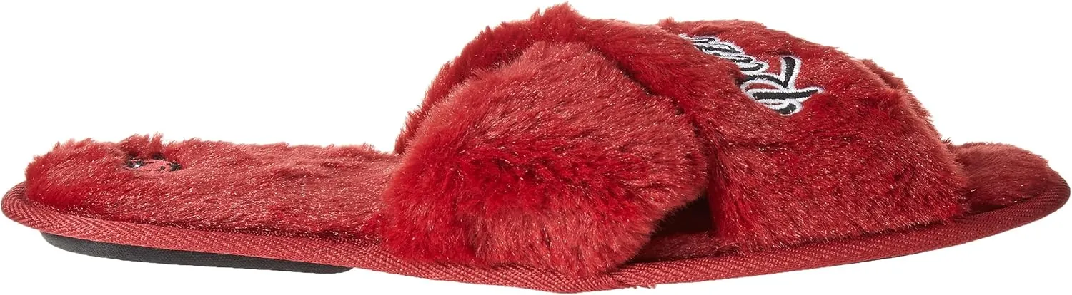 FOCO Womens NCAA College Team Script Wordmark Fuzzy Cross Slide Slippers