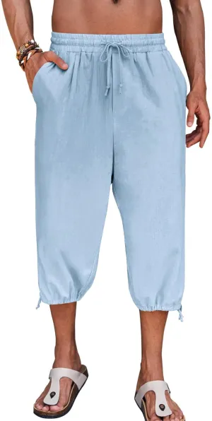 Gafeng Mens Harem Capri Pants Beach Yoga Baggy 3/4 Shorts Casual Drawstring Summer Wide Leg Pants
