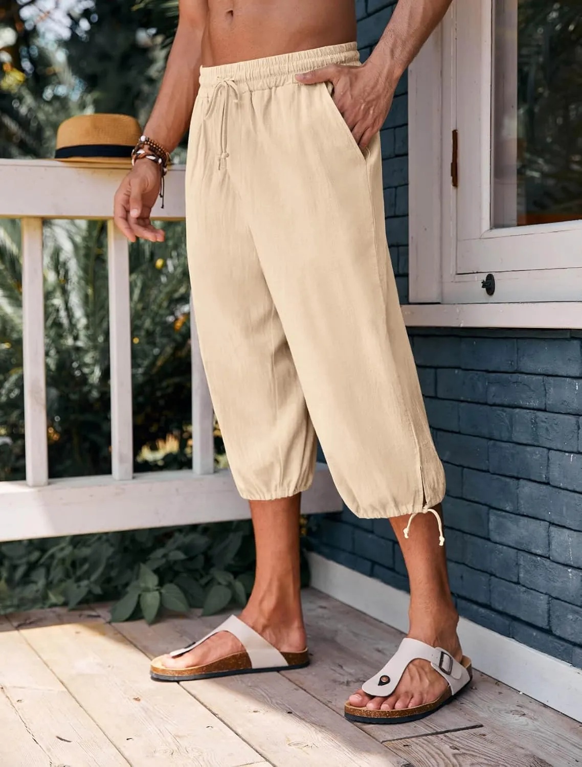 Gafeng Mens Harem Capri Pants Beach Yoga Baggy 3/4 Shorts Casual Drawstring Summer Wide Leg Pants