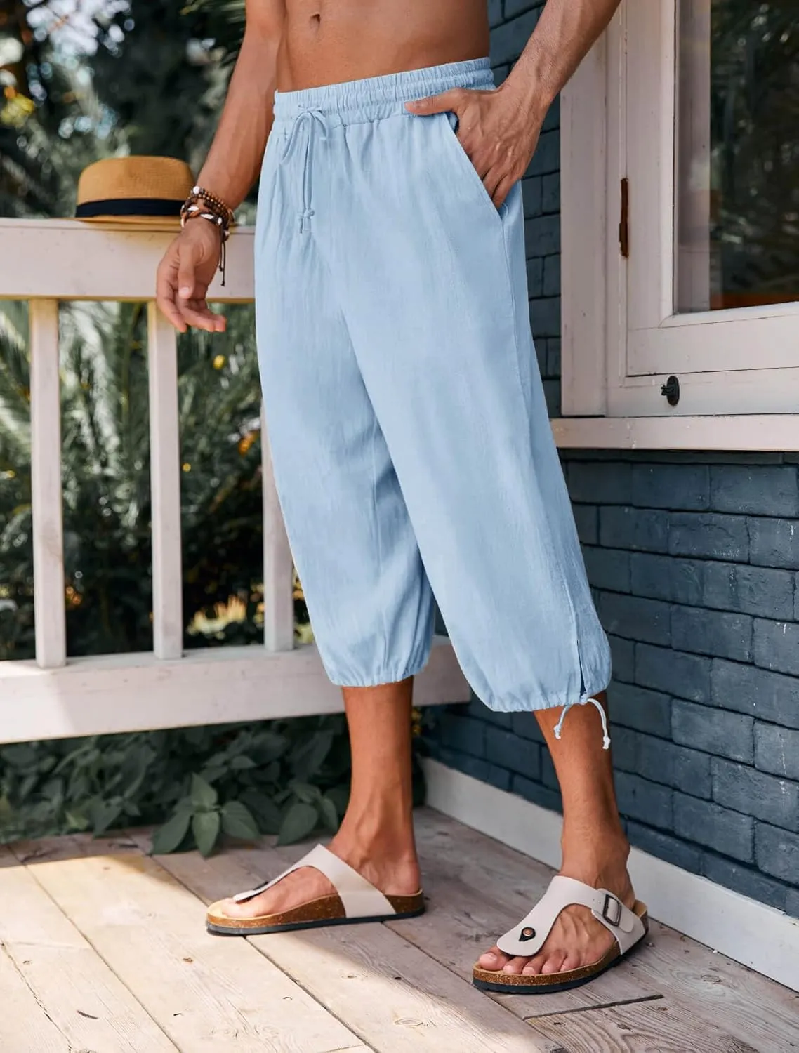 Gafeng Mens Harem Capri Pants Beach Yoga Baggy 3/4 Shorts Casual Drawstring Summer Wide Leg Pants