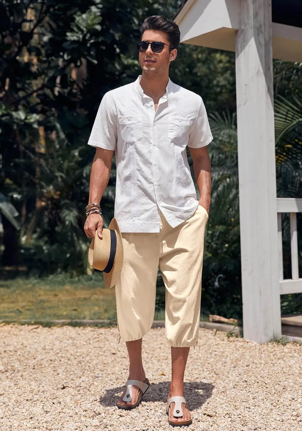 Gafeng Mens Harem Capri Pants Beach Yoga Baggy 3/4 Shorts Casual Drawstring Summer Wide Leg Pants