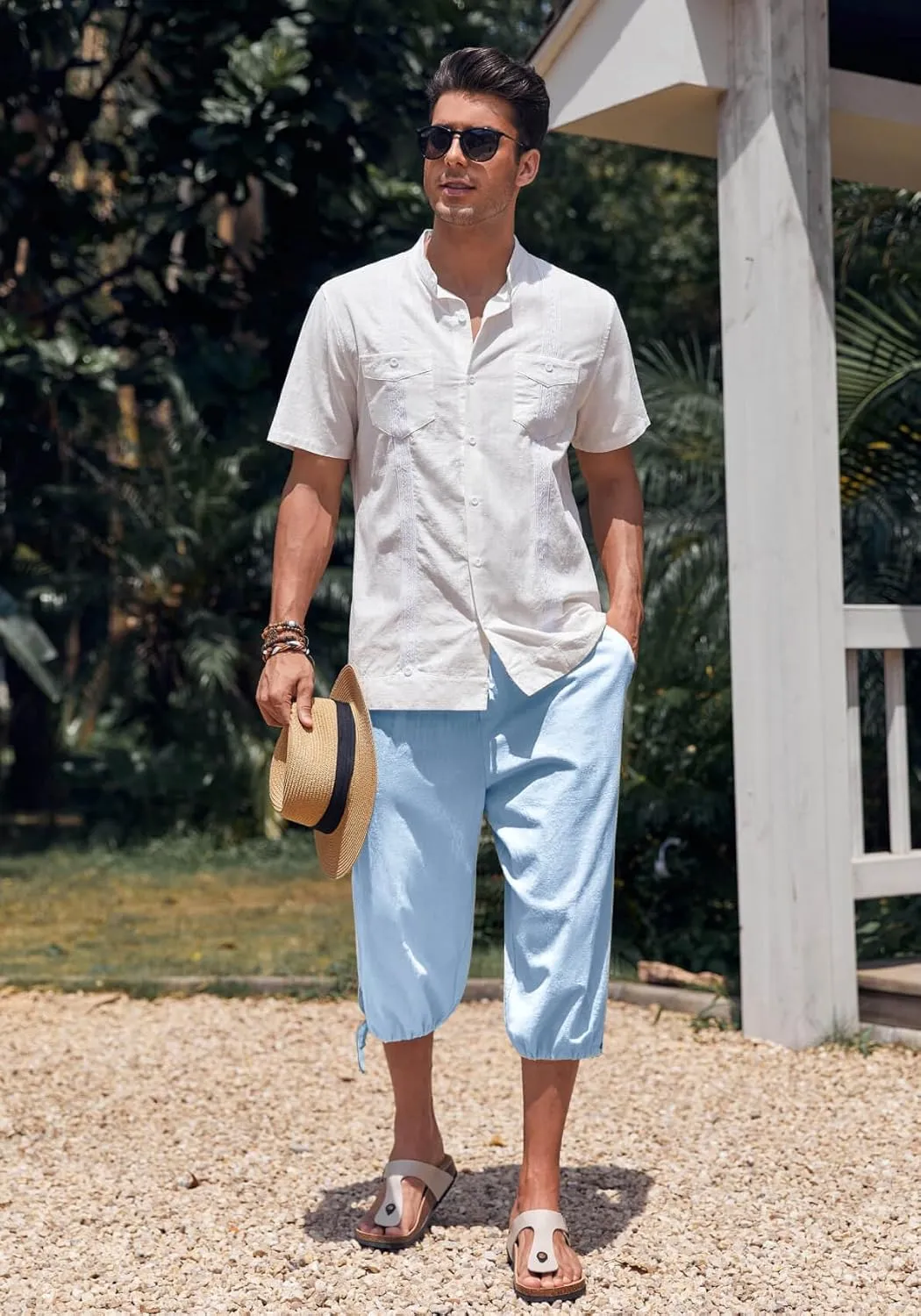 Gafeng Mens Harem Capri Pants Beach Yoga Baggy 3/4 Shorts Casual Drawstring Summer Wide Leg Pants