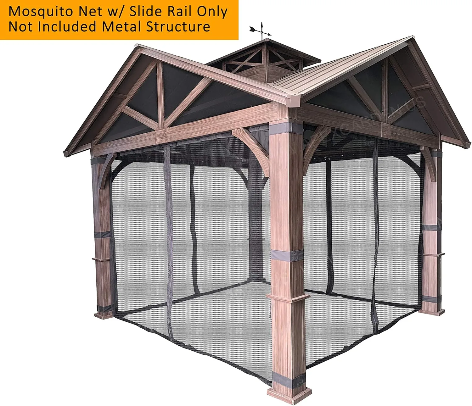Gazebo Mosquito Netting with Slider Rail for Allen   roth Model #GF-18S112B 10'X10' Wood Looking Hand Paint Metal Square Semi- Gazebo (Screen Net ONLY) (Screen Net with Metal Slider Rail, Black-1)
