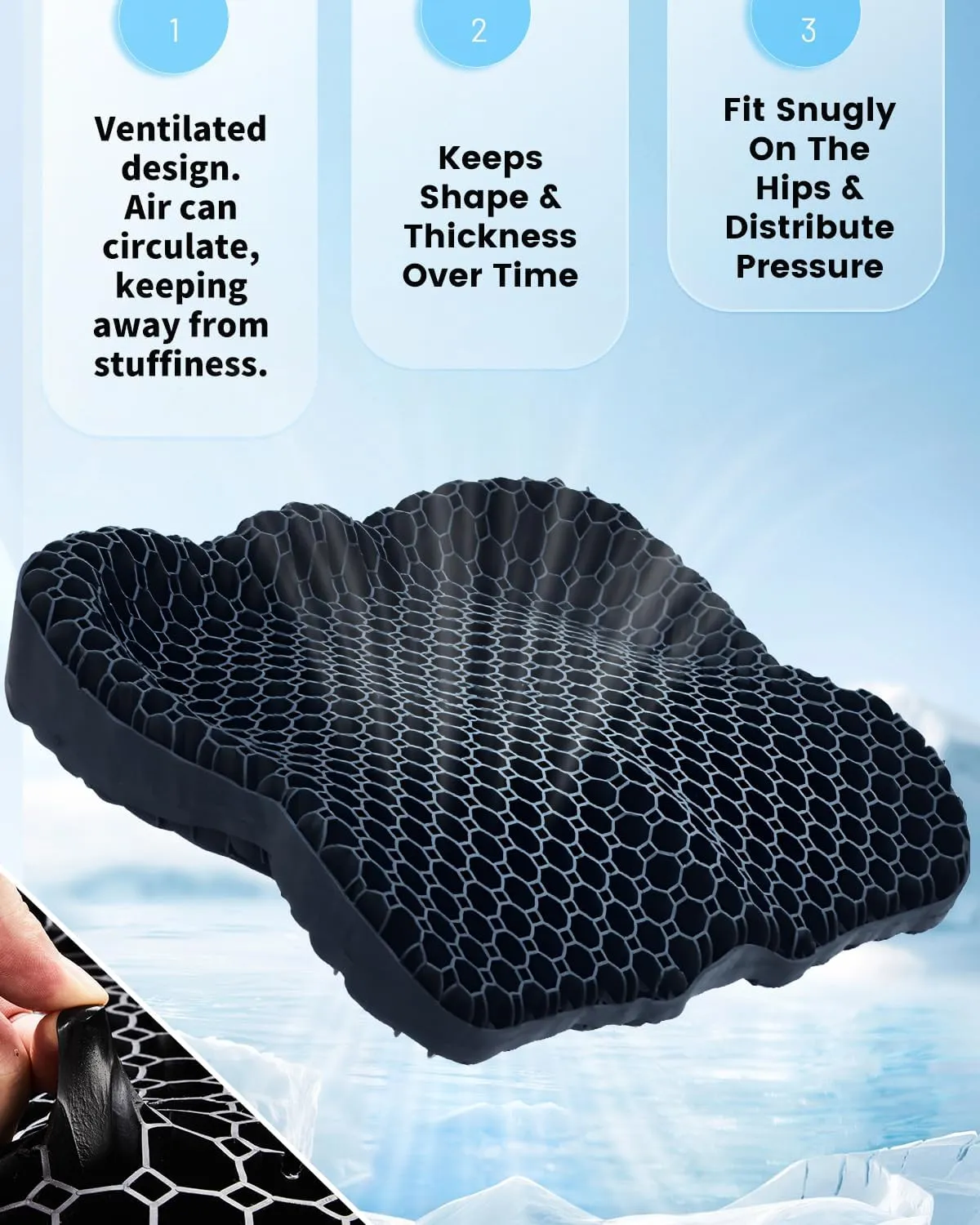Gel Seat Cushion with Ergonomic Zoning, Thicken Pressure Relief Gel Cushion for Office Chair, Car Seat, Wheelchair & Kayak, Breathable Waterproof, Upgrade Non-Slip Airy Cover