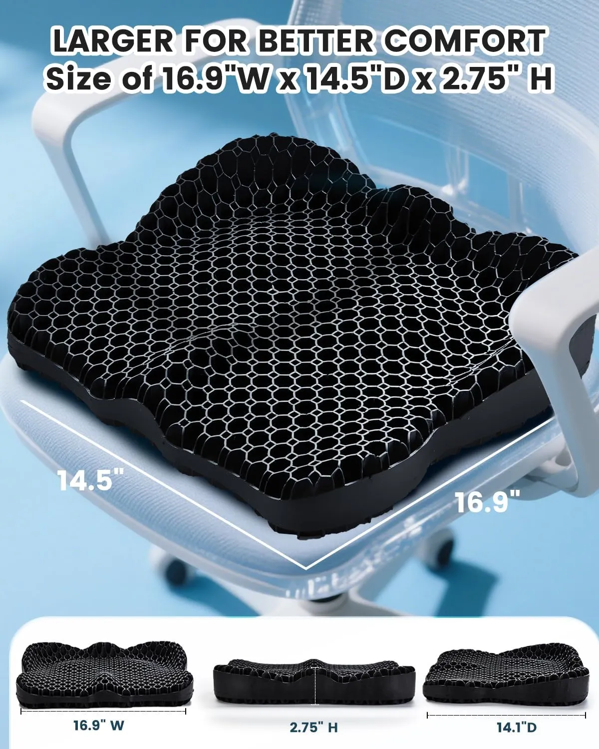 Gel Seat Cushion with Ergonomic Zoning, Thicken Pressure Relief Gel Cushion for Office Chair, Car Seat, Wheelchair & Kayak, Breathable Waterproof, Upgrade Non-Slip Airy Cover