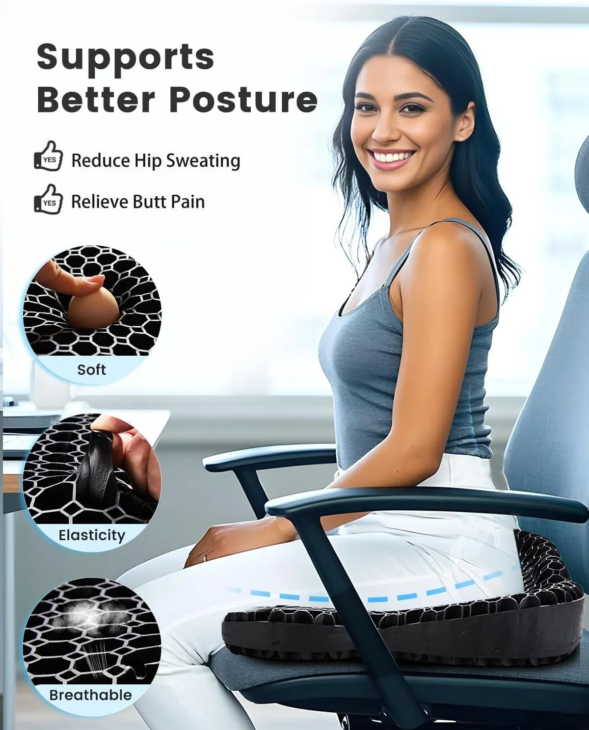 Gel Seat Cushion with Ergonomic Zoning, Thicken Pressure Relief Gel Cushion for Office Chair, Car Seat, Wheelchair & Kayak, Breathable Waterproof, Upgrade Non-Slip Airy Cover