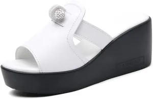 GEXECEUSS Womens Wedge Sandals Slope Heel Thick Bottom Slip On Slippers Non Slip Vintage Open Toe Sandals for Street Work School Beach