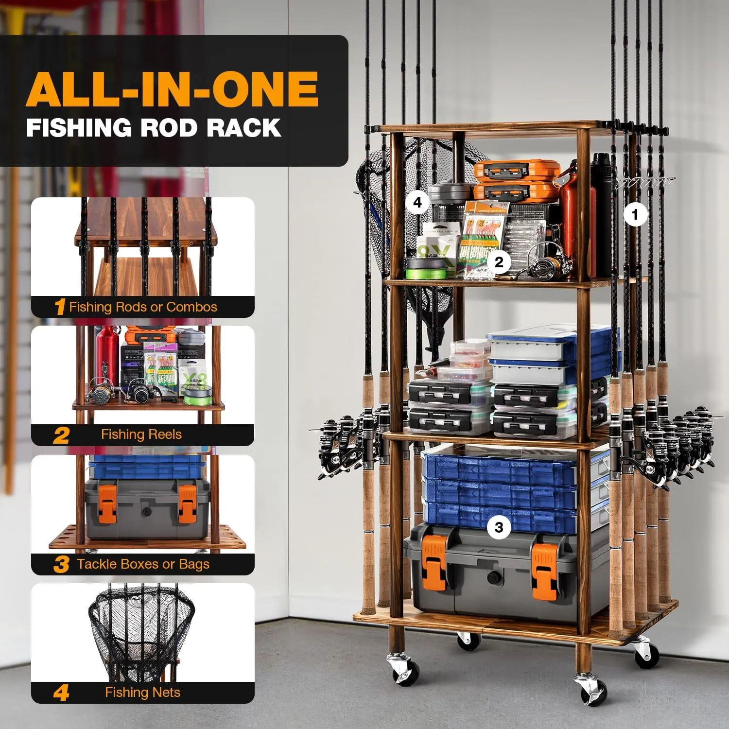 Ghosthorn Fishing Rod Holders for Garage Fishing Pole Rack Hold up to 10 Rods Fishing Pole Holders Wooden Organizer Fishing Rod Rack car Fishing Gear Storage Equipment (4 Tier)