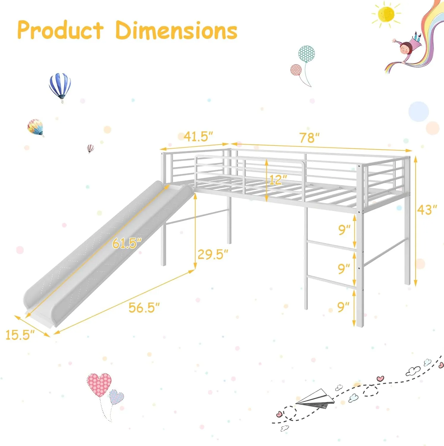 Giantex Twin Loft Bed with Slide, Metal Low Bunk Bed w/Safety Guardrails & Built-in Ladder, Toddler Bed Floor Frame for Boys & Girls, No Box Spring Needed (White)