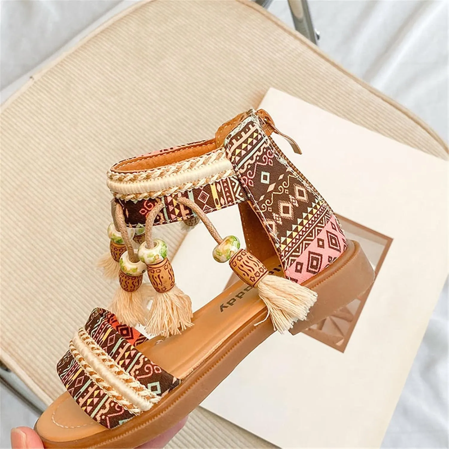 Gladiators for Girls Girls Open Toe Sandals Stilettos Fashion Tassel Ankle Strap Pumps Back Zip Kids (Khaki, 9 Toddler)
