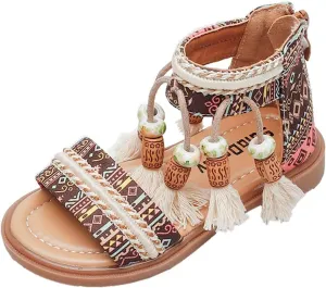 Gladiators for Girls Girls Open Toe Sandals Stilettos Fashion Tassel Ankle Strap Pumps Back Zip Kids (Khaki, 9 Toddler)