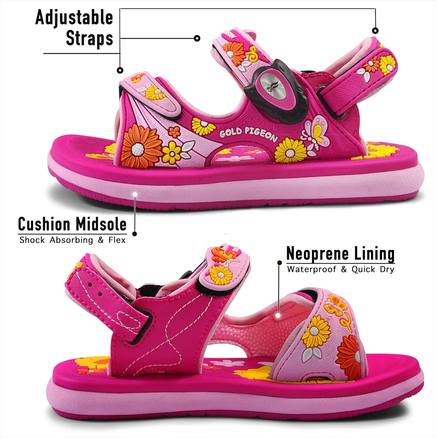 Gold Pigeon Shoes KIDS Easy Snap Lock Outdoor/Water Sandals & Slides. Adjustable Straps